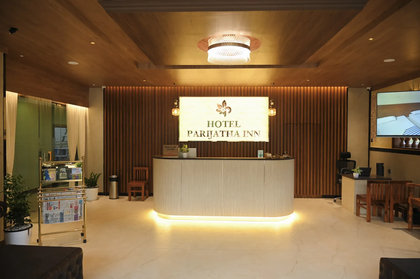 Reception lobby of Hotel Parijatha Inn open 24 hours
